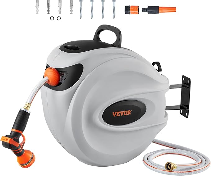 VEVOR Retractable Hose Reel, 130 ft x 1/2 inch, Garden Water Hose Reel with 9-Pattern Nozzle, 180° Swivel Bracket Wall-Mounted, Automatic Rewind, Lock at Any Length, with Slow Return System