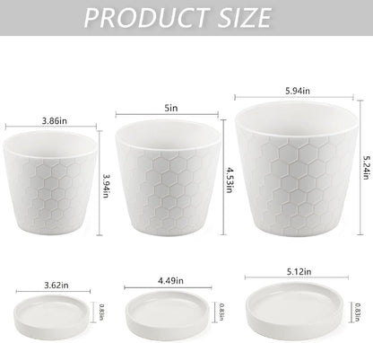 Ceramic Plant Pots,4+5+6 Inch Pots for Indoor Plants,Planters with Drainage Holes and Ceramic Tray, Indoor Flower Pots Gardening Home Desktop Office Windowsill Decoration Gift,Set of 3 (White)