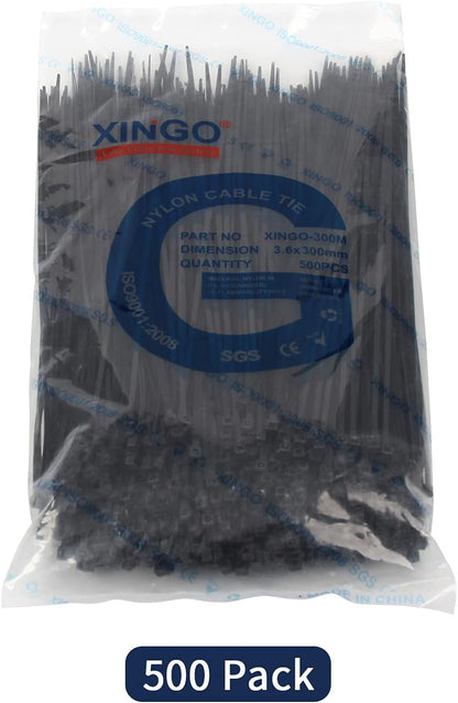 XINGO 12 Inch Black Cable Zip Ties (500 Pack), 40 Pounds Tensile Strength-Heavy Duty, Self-Locking UV Resistant Nylon Plastic Wire Ties for Indoor and Outdoor Use