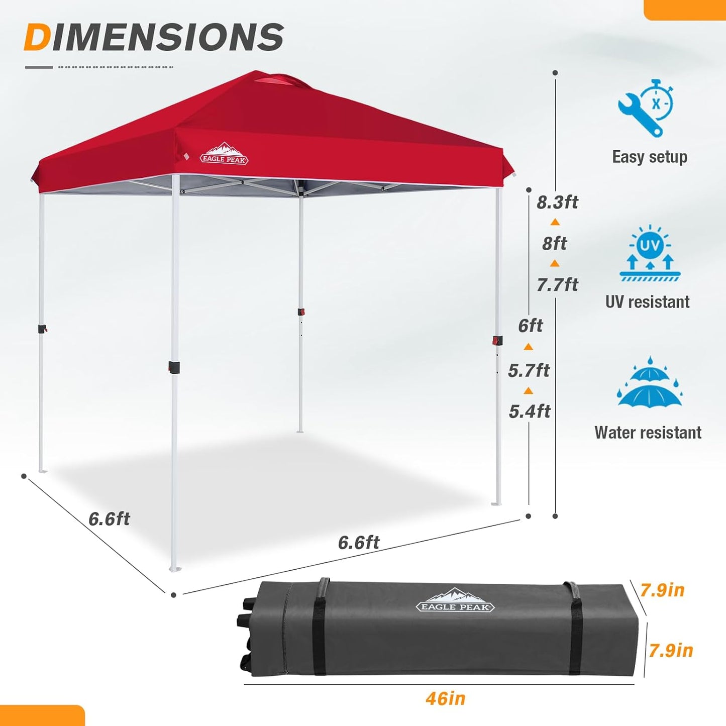 EAGLE PEAK Pop Up Canopy Tent with Wheeled Carry Bag, 8 Stakes, 4 Ropes, Easy Set Up Tent Canopy, 6.6x6.6 ft, Red