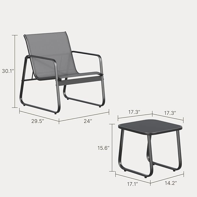Gizoon Patio Chairs Set of 2, 3 Piece Patio Furniture Set, Bistro Sets,with Textilene Fabric, Metal Frame Coffee Table, Outdoor Chairs Set, for Balcony, Backyard,Lawn, Garden, Poolside, Grey