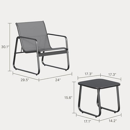 Gizoon Patio Chairs Set of 2, 3 Piece Patio Furniture Set, Bistro Sets,with Textilene Fabric, Metal Frame Coffee Table, Outdoor Chairs Set, for Balcony, Backyard,Lawn, Garden, Poolside, Grey