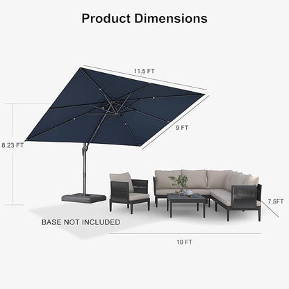 PURPLE LEAF 9' X 11.5' Rectangle Cantilever Umbrella with Base Outdoor Large Aluminum Patio Umbrella with 3-Year Fade Resistance Recycled Fabric and 360-degree Rotation for Deck Pool, Ocean Slate