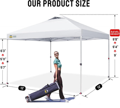 CROWN SHADES 12x12 Pop Up Canopy Outside Canopy, Patented One Push Tent Canopy with Wheeled Carry Bag, Bonus 8 Stakes and 4 Ropes, White