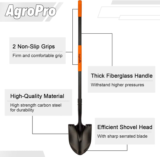 Shovel for Digging, Metal Shovel with Long Fiberglass Handle, Heavy Duty Shovel for Digging, 58 Inches