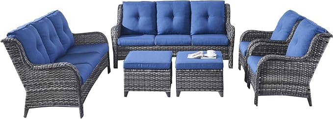 Rilyson Wicker Patio Furniture Set - 6 Piece Rattan Outdoor Sectional Conversation Sets with 2 Sofa,2 Armrest Chairs and 2 Ottomans for Porch Deck Garden(Mixed Grey/Blue)