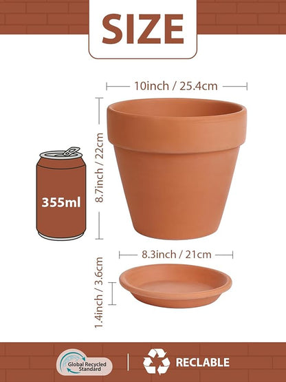 INGOFIN Terracotta Pot Set of 2 with Saucer - 10 Inch Ceramic Clay Pot for Plants with Drainage Hole, Large Terra Cotta Flower Planter with Tray for Indoor Outdoor Plants