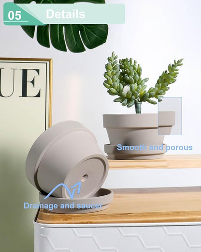 vensovo 5.7 Inch Grey Terracotta Shallow Succulent Pots - 6 Pack Terra Cotta Clay Pot with Saucer, Cacuts Indoor and Outdoor Planters with Drainage Hole
