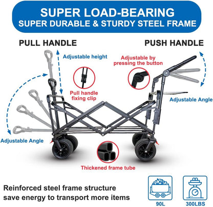 SKYMANOR Collapsible Wagon with Removable Canopy, 3-in-1 Heavy Duty Garden Cart with Big All-Terrain Wheels, Brakes, Adjustable Push Pull Handle, Cooler Bag, 300LBS Wagon Cart for Camping (Blue)