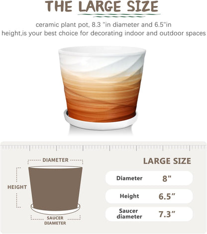 8 Inch Plant Pot, Ceramic Planter with Drainage and Saucer, Ceramic Pots for Plants, Indoor Plant pots, Flower pots，Modern Planter(Khaki + White)