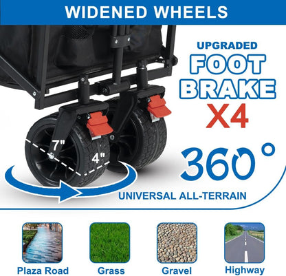 SKYMANOR Collapsible Wagon with Removable Canopy, 3-in-1 Heavy Duty Garden Cart with Big All-Terrain Wheels, Brakes, Adjustable Push Pull Handle, Cooler Bag, 300LBS Wagon Cart for Camping (Black)