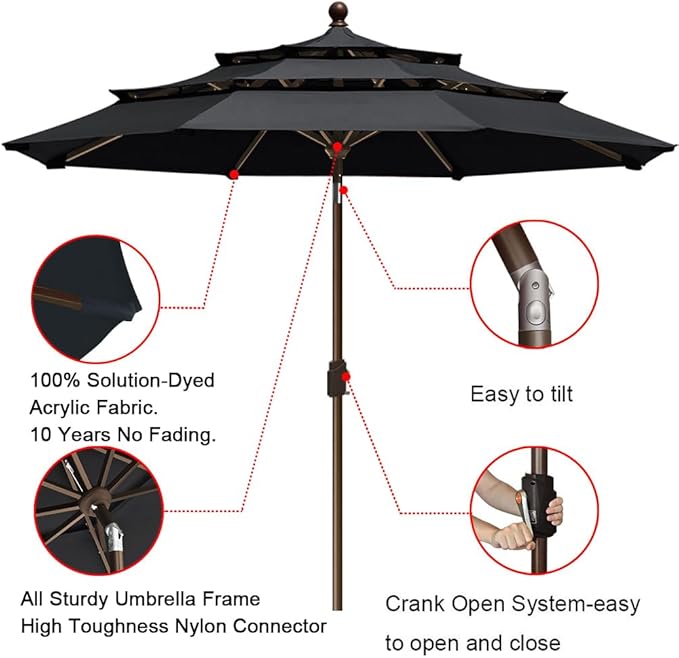 EliteShade USA 10-Year-Non-Fading 9Ft 3 Tiers Market Umbrella Patio Umbrella Outdoor Table Umbrella with Ventilation, Black