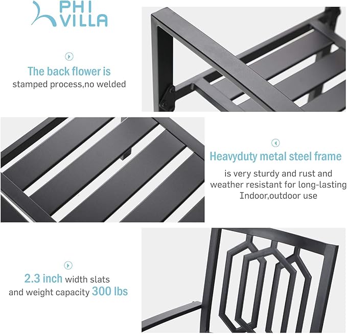 PHI VILLA Metal Outdoor Patio Bistro Set 3 Piece Dining Furniture - Black