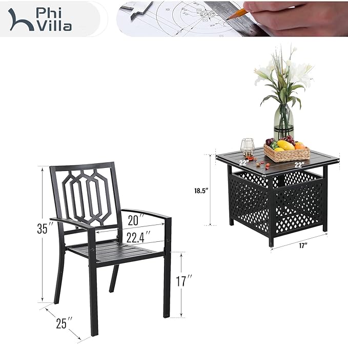 PHI VILLA 3 Piece Outdoor Bistro Set for 2, 22" Wrought Iron Square Table with Umbrella Hole & Stacking Metal Chairs, Small Furniture Conversation Set for Porch, Deck, Balcony, Patio, Yard - Black