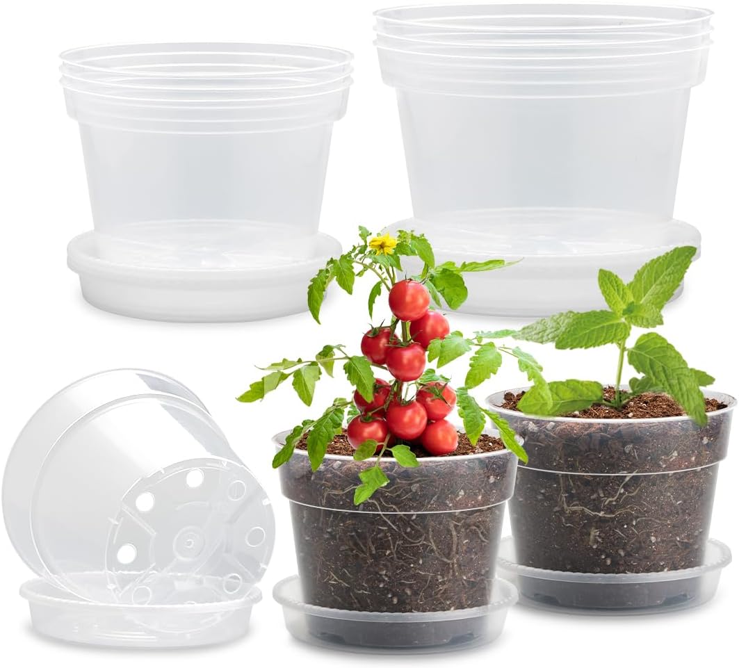 9 Pack 8/7/6 Inch Clear Nursery Pots for Plants with Saucer, Transparent Plastic Plant Pots with Drainage Holes, Sturdy Seedling Starter Pot, Garden Planter Pot for Succulents Flowers Herb Vegetables