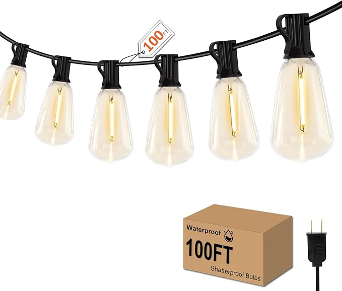 GHUSTAR 100FT LED Outdoor String Llights (NOT Solar) – Patio Lights Outdoor Waterproof for Outside – 2700K Vintage Edison Bulb String Light – Shatterproof Hanging Light for Cafe Porch Deck