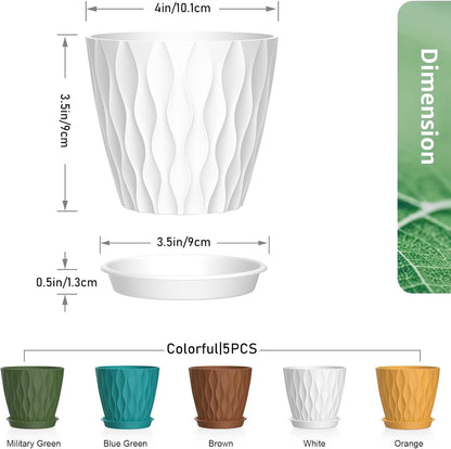 4 inch Small Plastic Nursery Pots, Seedling Pots, 5 Set Water Ripples Plant Pots for Indoor Plants, Flower Pots with Drainage Holes and Saucers, Seed Starter Pots for Succulent, Colorful