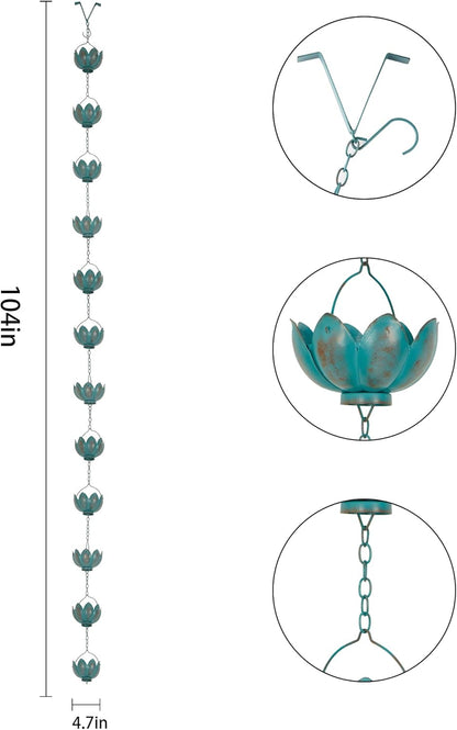 Metal Rain Chain Decoration 8.5FT., Rain Catcher Metal Chain Gutter Downspout 104'' for House Eaves, Garden & Home, Flower Cups Garden Decoration,Lake Blue