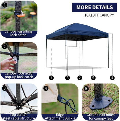 10x10 Pop Up Canopy Tent with 2 Sidewalls, Waterproof Shade Canopy with Sand Bags Outdoor Canopy Tent for Camping Beach Parties Backyard (Navy Blue)