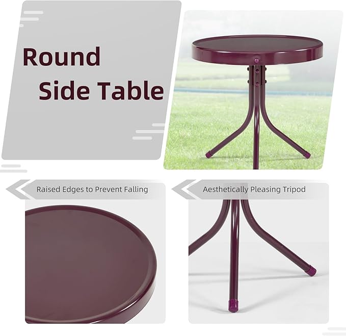 Patio Bistro Set Retro Metal Outdoor Seating Conversation 3 Pieces, 2 C-Spring Motion Armchairs and Round Side Table, for Porch, Lawn, Garden, Purple