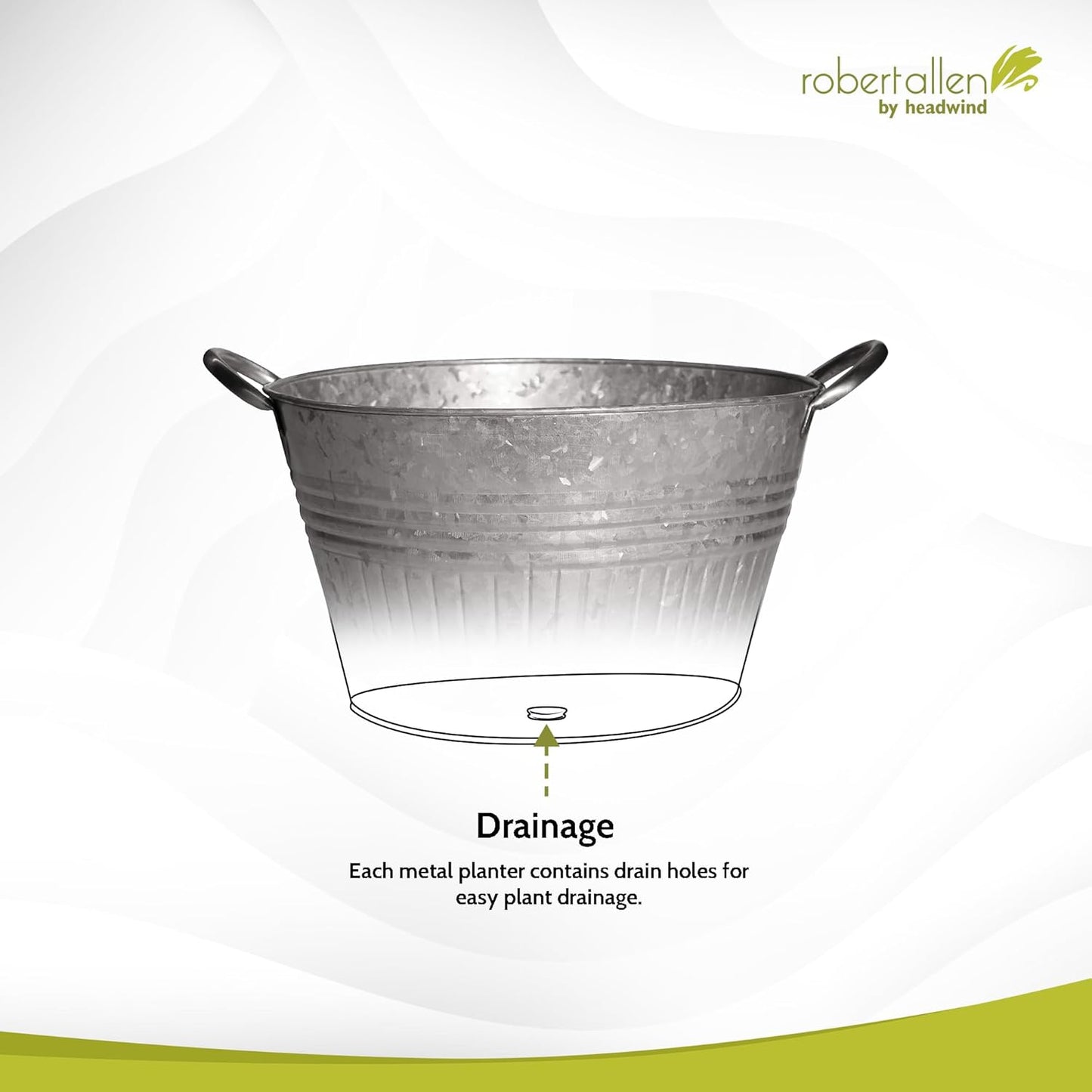 Headwind Round Galvanized Tub Planter with Handles – 10 Inch Lightweight Metal Planter with Drainage Hole – Galvanized Steel Tub for Plants - Metal Flower Pot by Robert Allen