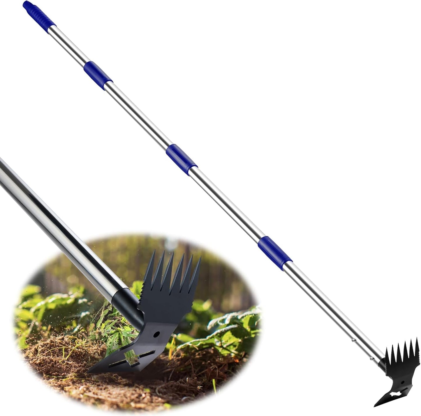 Weed Puller Tool with Long Handle, 60'' Weed Remover Weeding Tool, Heavy Duty 2 in 1 Manual Weed Rake and Garden Hoe, Gardening Weeder Tools for Yard, Lawn, Patio, Garden Blue