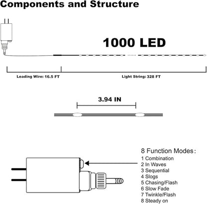 WATERGLIDE Extra Long 328FT Halloween Lights, 1000 LED Outdoor Fairy String Lights, Green PVC Copper Wire Christmas Light, Plug in 8 Modes & Waterproof for Tree Party Home Yard Decor, Orange&Purple