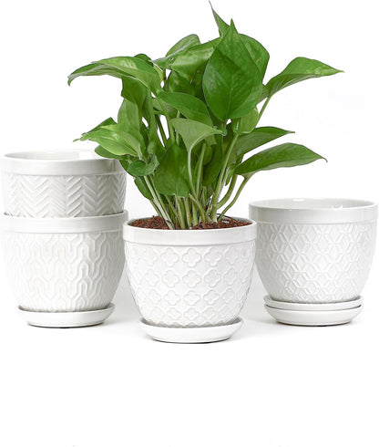 Sureasy Ceramic Indoor Plant Pots - 5.6 Inch Flower Pots for Plants with Drainage Hole and Saucer, Embossed Planter for Succulents, Orchid, Cactus, Indoor Home Decor, Set of 4, White