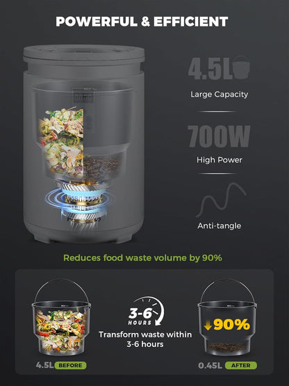 Electric Composter for Kitchen Smart Odorless Countertop Compost Bin Machine Quiet Larger 4.5L Indoor Food Cycler with Auto Cleaning, 3 Modes, 2 Carbon Packs, Turn Food Waste into Fertilizer
