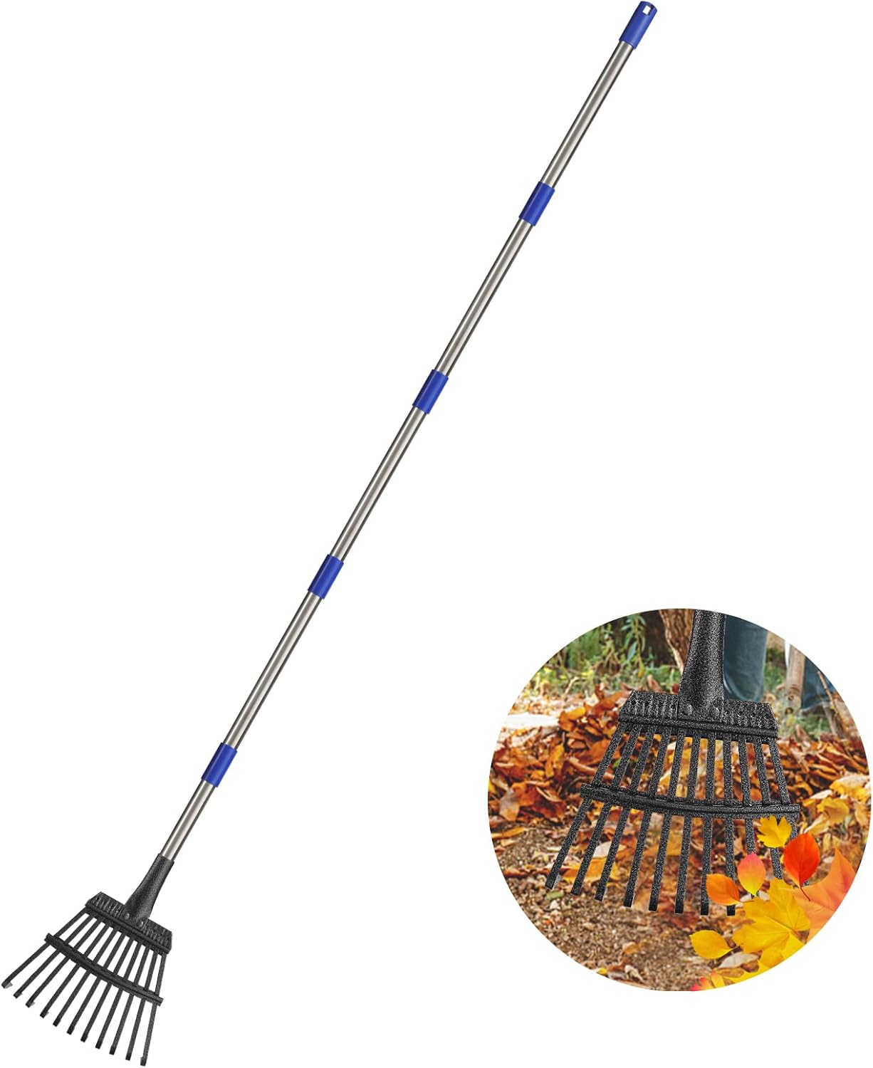 Rake for Leaves, 8" Wide 11 Tines Small Metal Hand Garden Adjustable Lawn Yard Shrub Kids Leaf Rake Heavy Duty Garden Tool for Gardening