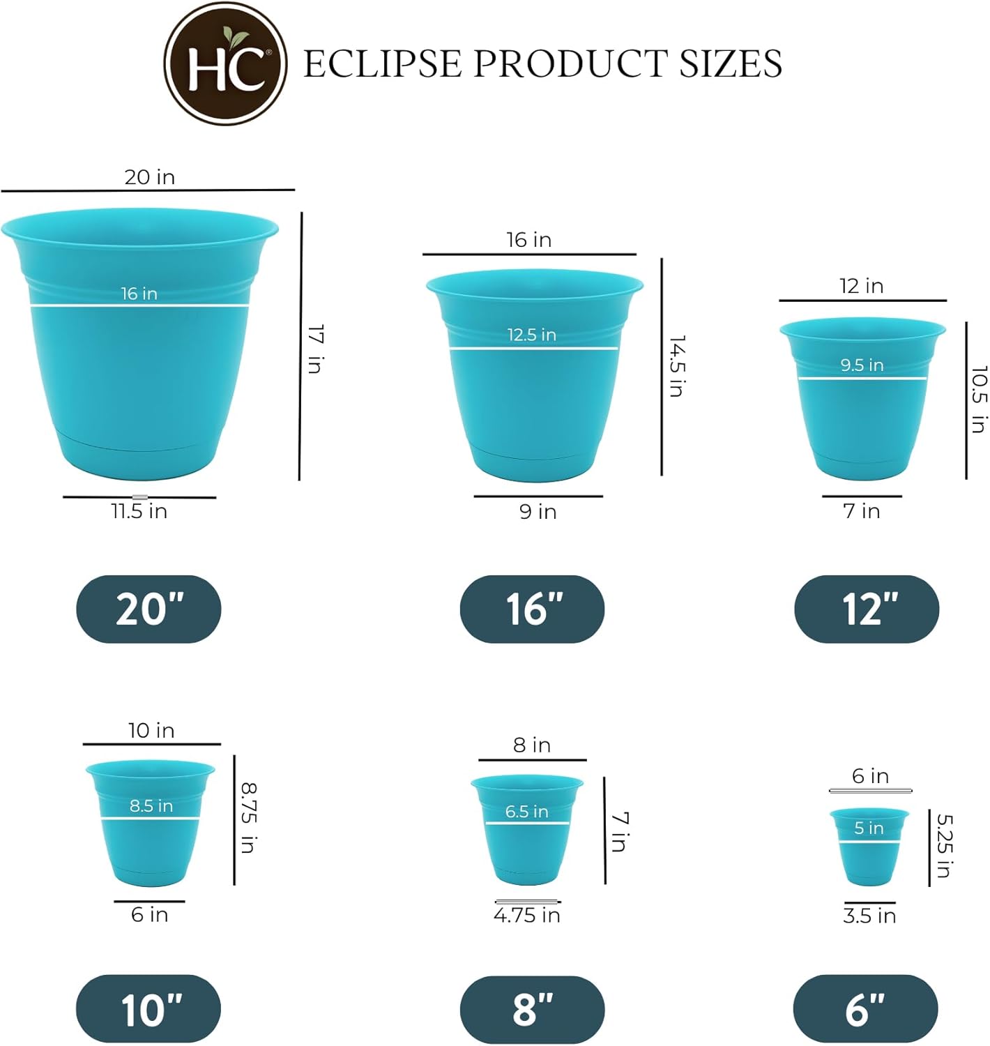 The HC Companies Eclipse Round Planter with Saucer - Outdoor & Indoor Plant Pot with Drainage Holes - Lightweight, UV-Resistant Plastic Pots for Plants, Flowers & Herbs (12" Teal, Pack of 6)