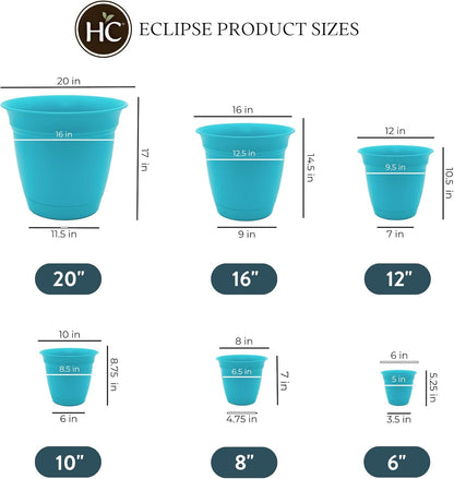 The HC Companies Eclipse Round Planter with Saucer - Outdoor & Indoor Plant Pot with Drainage Holes - Lightweight, UV-Resistant Plastic Pots for Plants, Flowers & Herbs (12" Teal, Pack of 6)