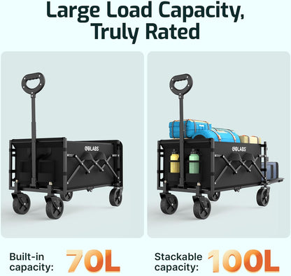 Golabs Collapsible Wagon Cart Max 350lb Load & Expandable Storage 100L, Double Bearing Design for Flexible Steering, Foldable Heavy Duty Garden Cart with 2 Cup Holders for Groceries, Garden & Camping