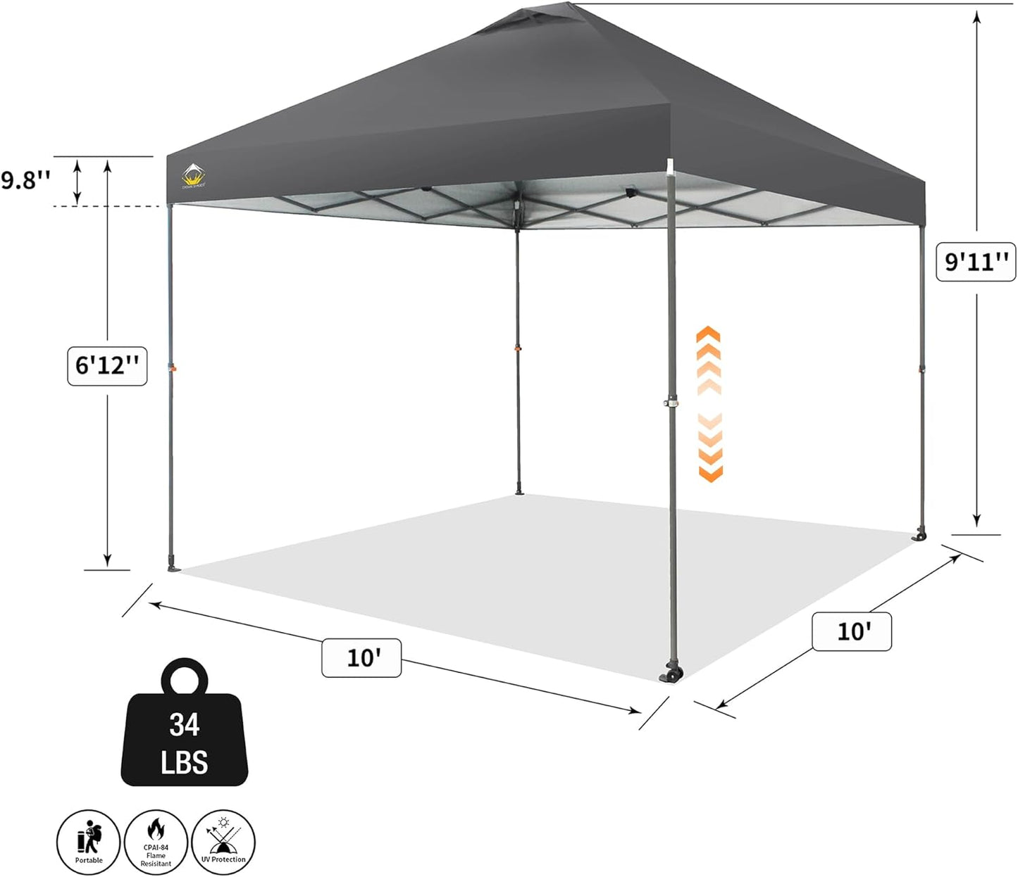 CROWN SHADES Adjustable Height on The Fly, 10x10 Pop Up Canopy - Beach Tent with One Push Setup - Easy Outdoor Sun Shade for Events, Parties, Camping - Outside Shade with STO-N-Go Bag, Grey