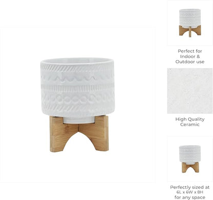 Sagebrook Home Modern Ceramic Planter with Stand - White Stoneware Pot with Bamboo Base - Indoor & Outdoor Decorative Plant Holder - 8" White