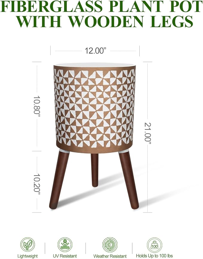 12 Inches Plant Pot with Stand, Large Modern Standing Planters for Indoor Outdoor Plants with Drainage Holes, Big White & Gold Flower Pots with Legs