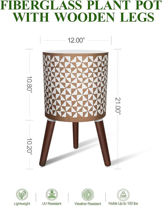 12 Inches Plant Pot with Stand, Large Modern Standing Planters for Indoor Outdoor Plants with Drainage Holes, Big White & Gold Flower Pots with Legs