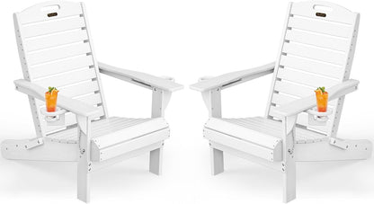 Adirondack Chairs Set of 2, Outdoor Fire Pit Chairs, HDPE All-Weather Adirondack Chairs with Cup Holder, Lawn Chair for Deck, Patio, Garden (White)