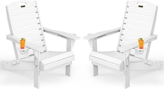 Adirondack Chairs Set of 2, Outdoor Fire Pit Chairs, HDPE All-Weather Adirondack Chairs with Cup Holder, Lawn Chair for Deck, Patio, Garden (White)