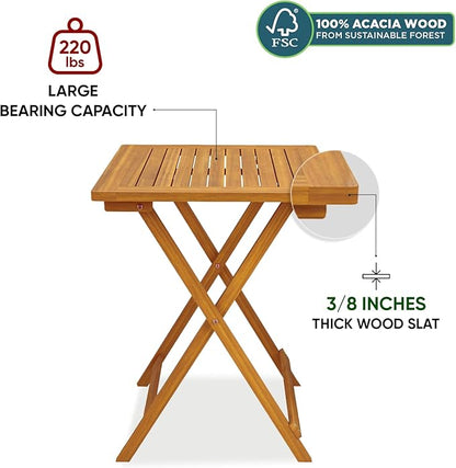 IDZO Heavy Duty 400lbs Capacity Patio Bistro Sets, 3 Piece Outdoor Folding Chairs with Cushions and Square Table, FSC-Certified Acacia Wood, Space-Saving Design for Balcony, Garden and Porch