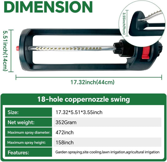 Lawn Sprinkler, 18 Brass Nozzles Garden Water Oscillating Sprinkler for Yard Covers up to 3,600 sq.ft, Heavy Weight Base, Built-in Spray Jet Cleaning Needle