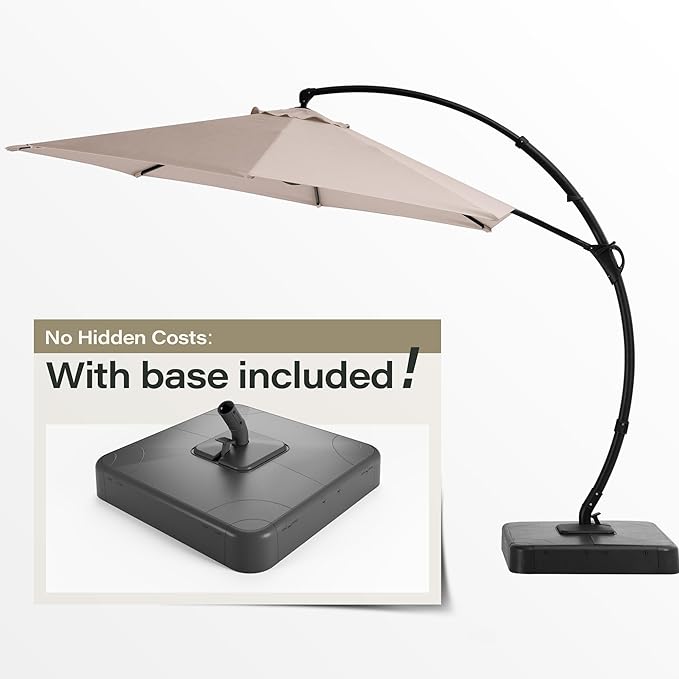 LAUSAINT HOME Outdoor Patio Umbrellas with Base, Upgraded 11FT Curvy Offset Cantilever Umbrella with 360° Rotation Design for Garden, Pool, Backyard, Market, Deck (Champagne-Upgraded)