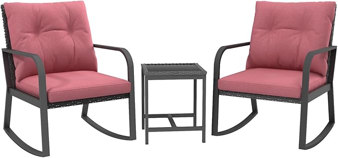Bistro 3 Piece Patio Furniture Set, Patio Table and Rattan Outdoor Rocking Chairs Set of 2, Outdoor Bistro Conversation Set for Garden, Balcony, Poolside, Backyard, Red
