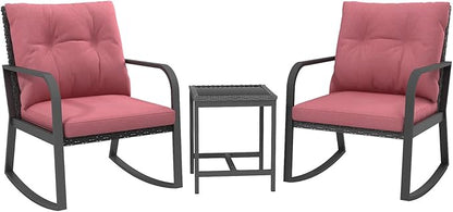 Bistro 3 Piece Patio Furniture Set, Patio Table and Rattan Outdoor Rocking Chairs Set of 2, Outdoor Bistro Conversation Set for Garden, Balcony, Poolside, Backyard, Red