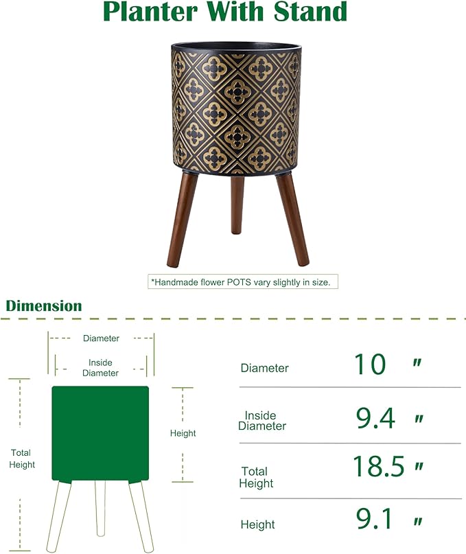 10 Inch Plant Pot with Stand, Planter for Indoor Plants, Modern Large Flower Planter Pot with Drainage Holes for Outdoor, Black ＆ Gold