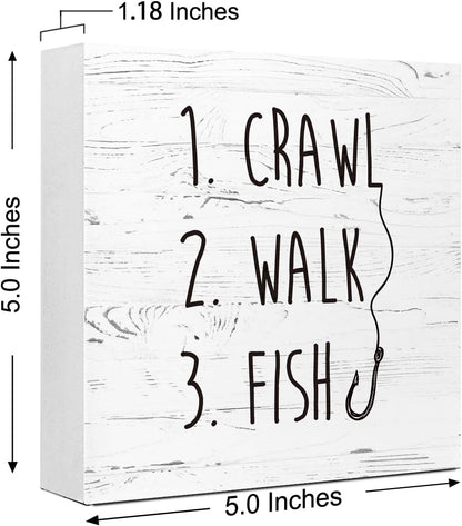 White Crawl Walk Fish Rustic Wooden Sign Desk Decor, Funny Baby Fishing Wood Block Sign for Home Bedroom Baby Room Shelf Table