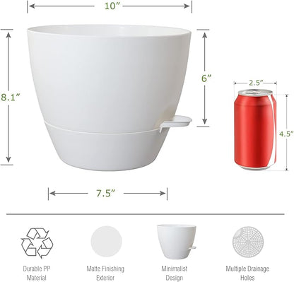 10 inch Self Watering Planters, 2 Pack Large Plastic Plant Pots with Deep Reservior and High Drainage Holes for Indoor Outdoor Plants and Flowers, White