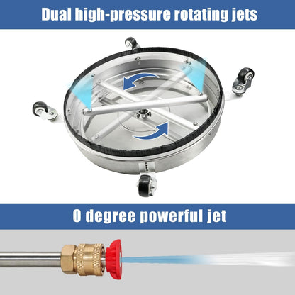 JANZ 20'' Pressure Washer Surface Cleaner with 4 Wheels, Stainless Steel Housing, 1/4" Quick Plug, 2 Extension Wands, 2 Replacement Nozzles and 3 Spray Nozzles, 4000 PSI