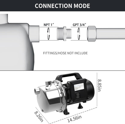 LANCHEZ 1 HP Portable Shallow Well Garden Pump, 1294 GPH Stainless Steel Sprinkler Pump, 115V Water Transfer Draining Irrigation for Lawn