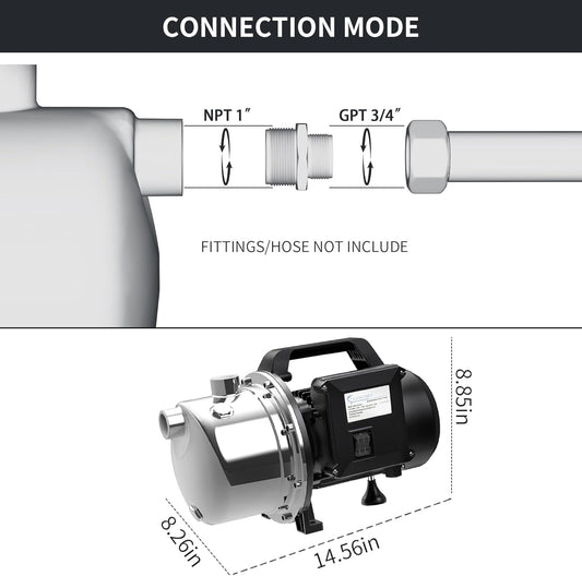 LANCHEZ 1 HP Portable Shallow Well Garden Pump, 1294 GPH Stainless Steel Sprinkler Pump, 115V Water Transfer Draining Irrigation for Lawn